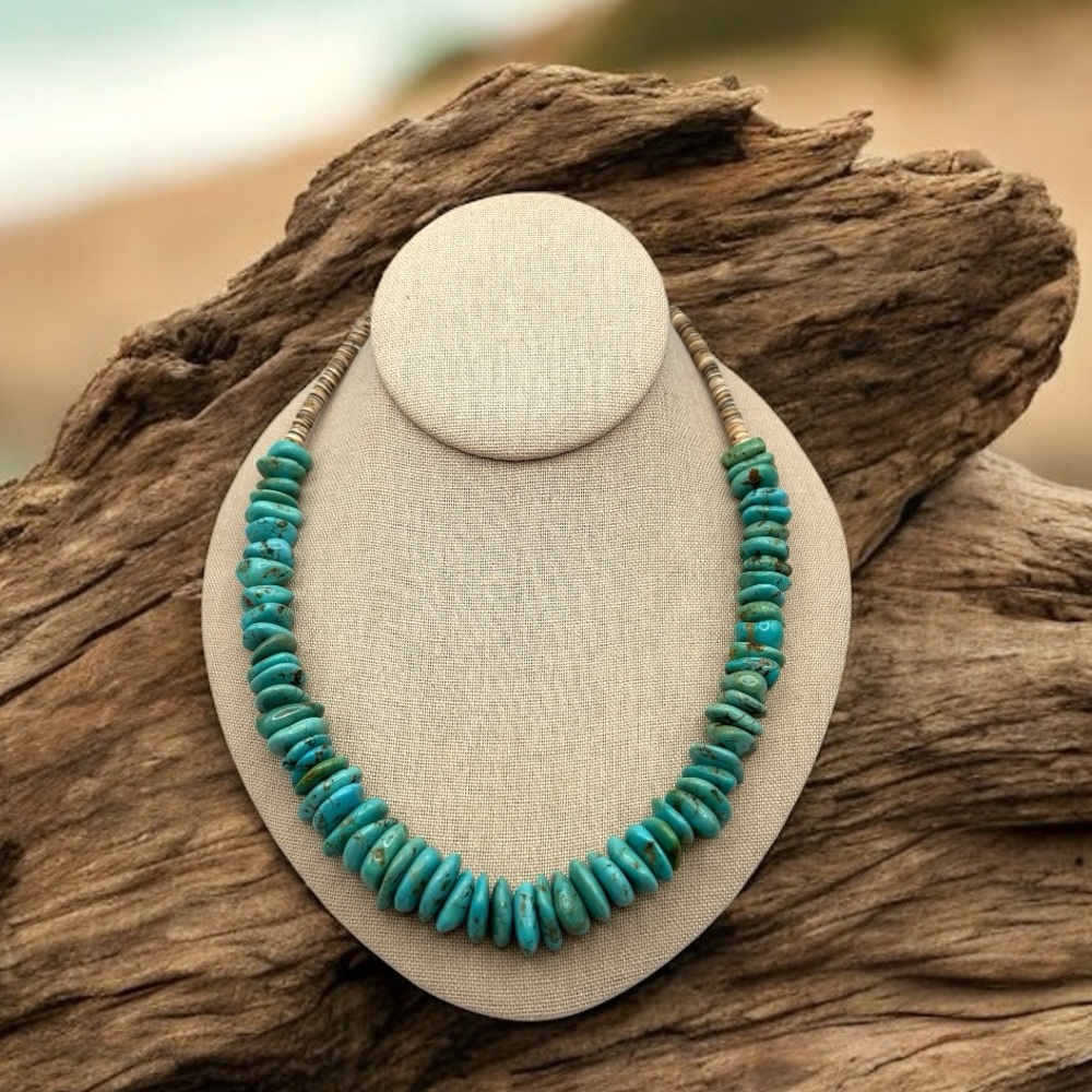 AMAZING Vintage Genuine Turquoise Nugget & Shell Heishi Bead Necklace 20”